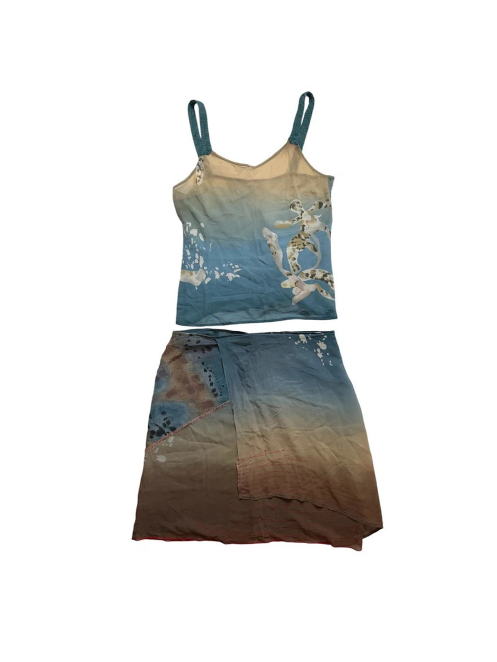 NafNaf Y2K Silk Aqua Ombré Coral Print Two Piece Set Size M